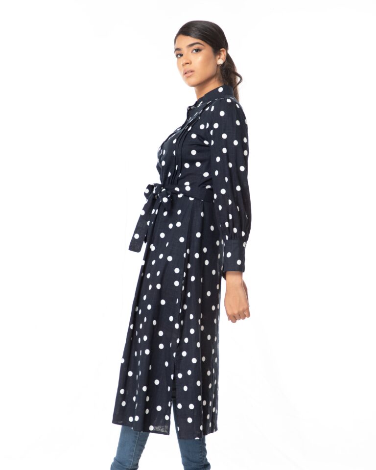 Dark Blue Polka Dot Shirt Dress - Emaan Qirat